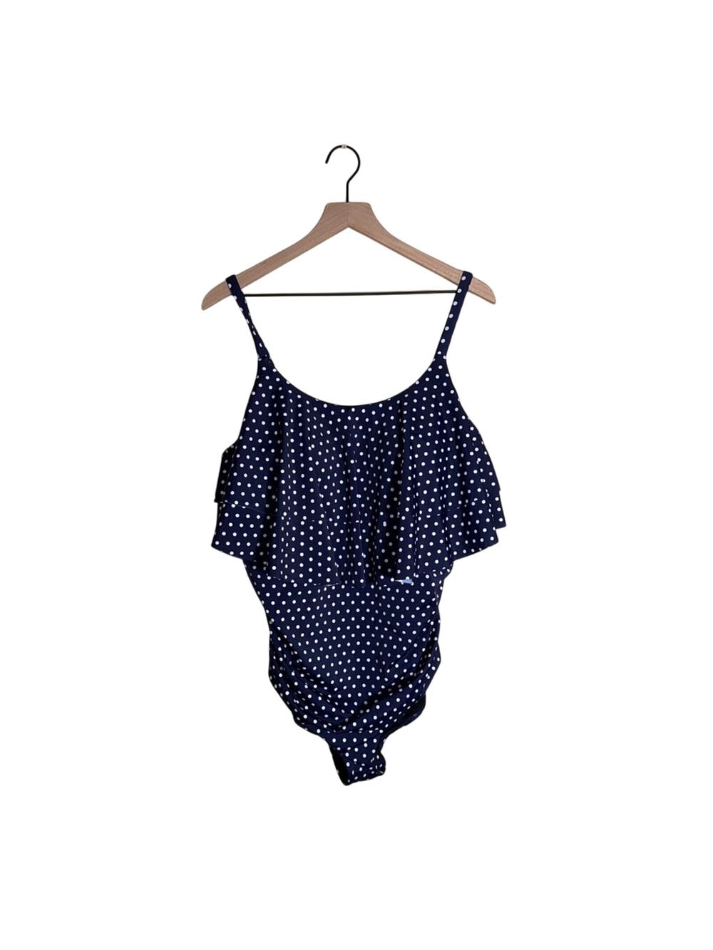 LANDS END double lined mature polka dot ruffle top one piece swimsuit 18